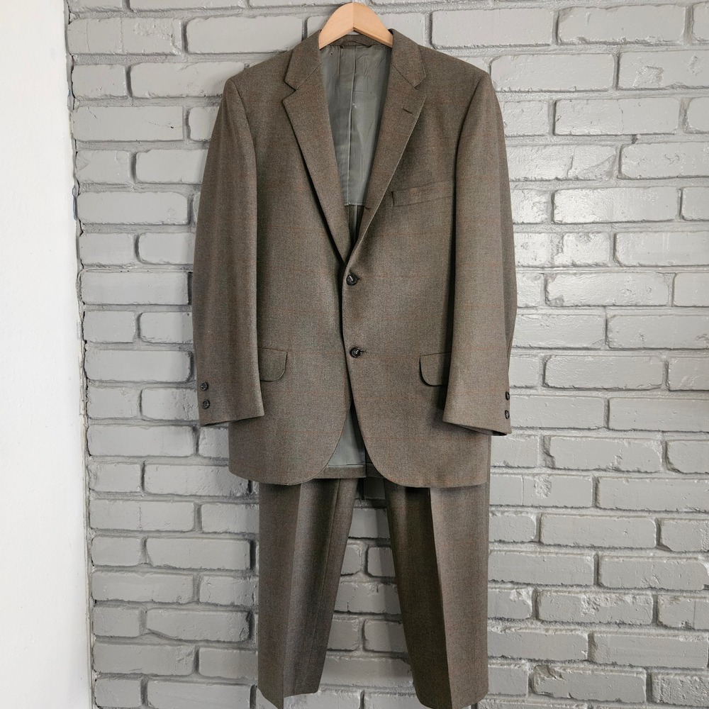 George J Good Berkeley Mens Suit Brown Orange‎ Windowpane Plaid Woven in England